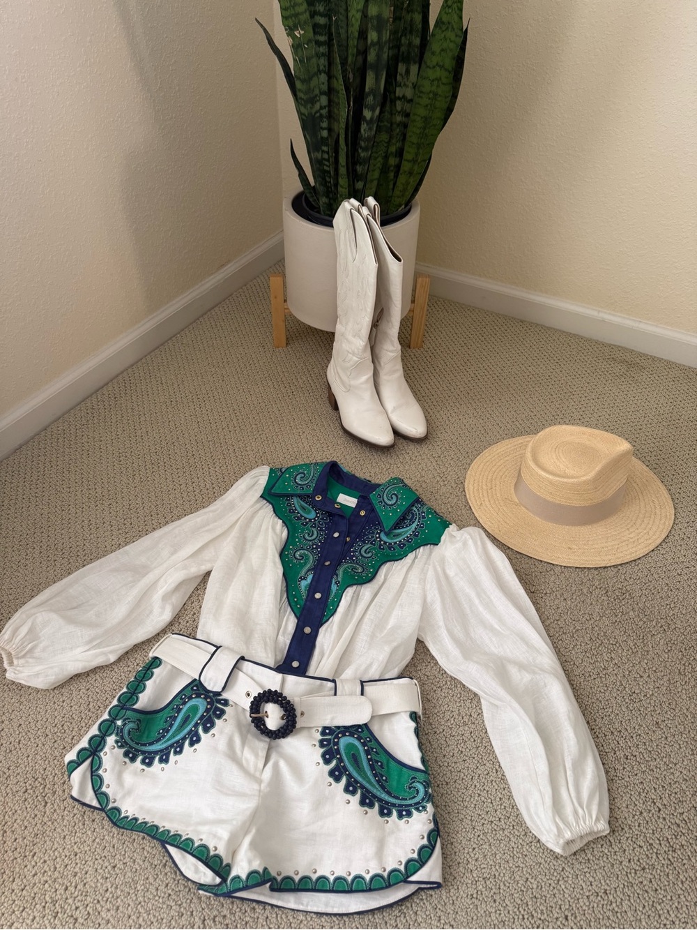 Zimmermann Ivory High-Waist Shorts with Blue & Green Paisley Appliqué